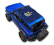 Ford Bronco sun shade top by SpiderWebShade, blue stock-printed shade with crest emblem.
