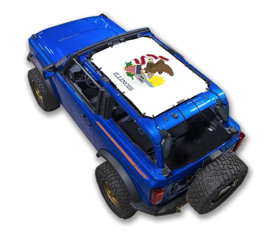 Sun shade Ford Bronco (2021–2026) by SpiderWebShade; blue stock top with Illinois seal design