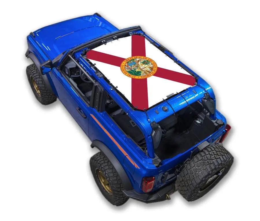Sun Shade SPIDERWEBSHADE for Ford Bronco (2021–2026) with Florida state flag print on blue SUV.