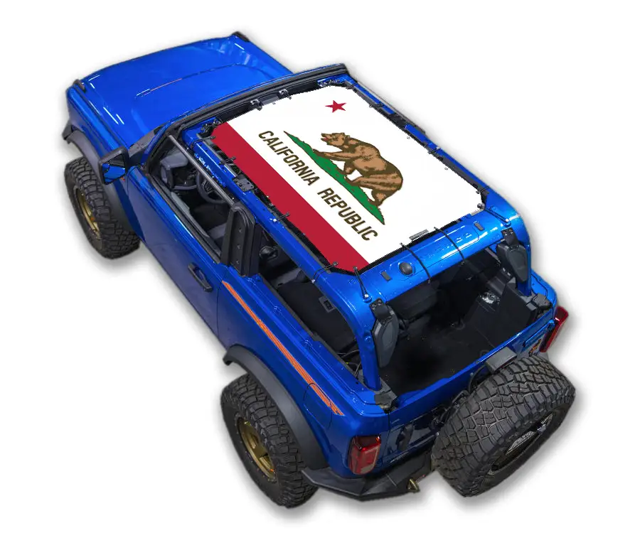 Sun shade top for Ford Bronco (2021–2026) by SpiderWebShade; California Republic bear flag print