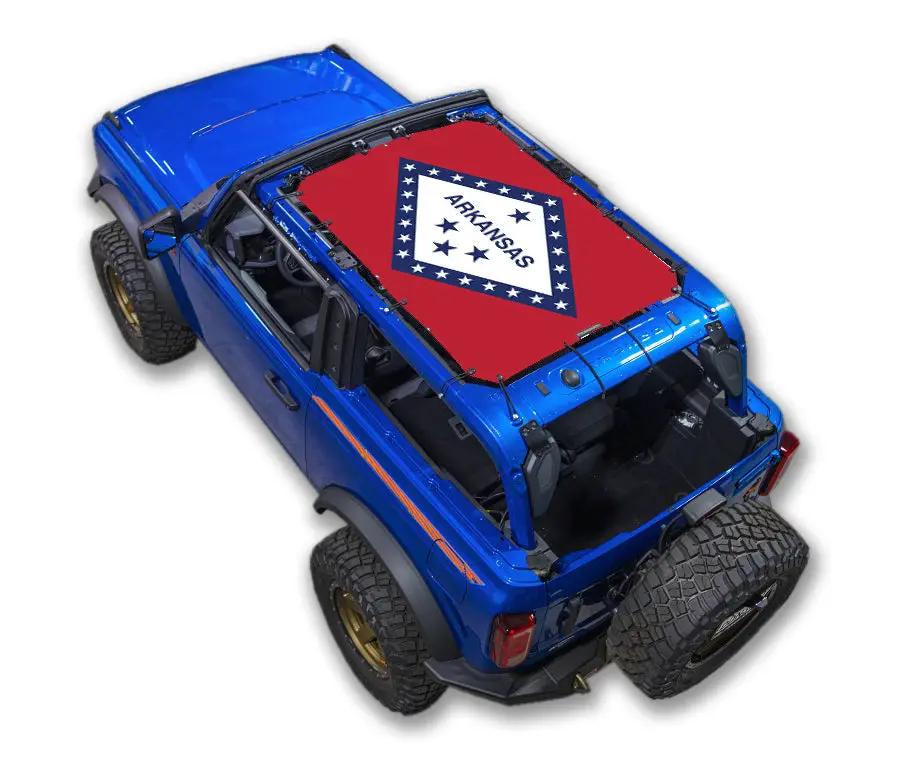 Ford Bronco Sun Shade Top by SpiderWebShade, red Arkansas flag stock print, fits 2021–2026 Bronco models