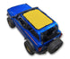 Sun Shade Ford Bronco Stock Printed Shade Top by SpiderWebShade; yellow shade top installed on a blue 2021–2026 Bronco