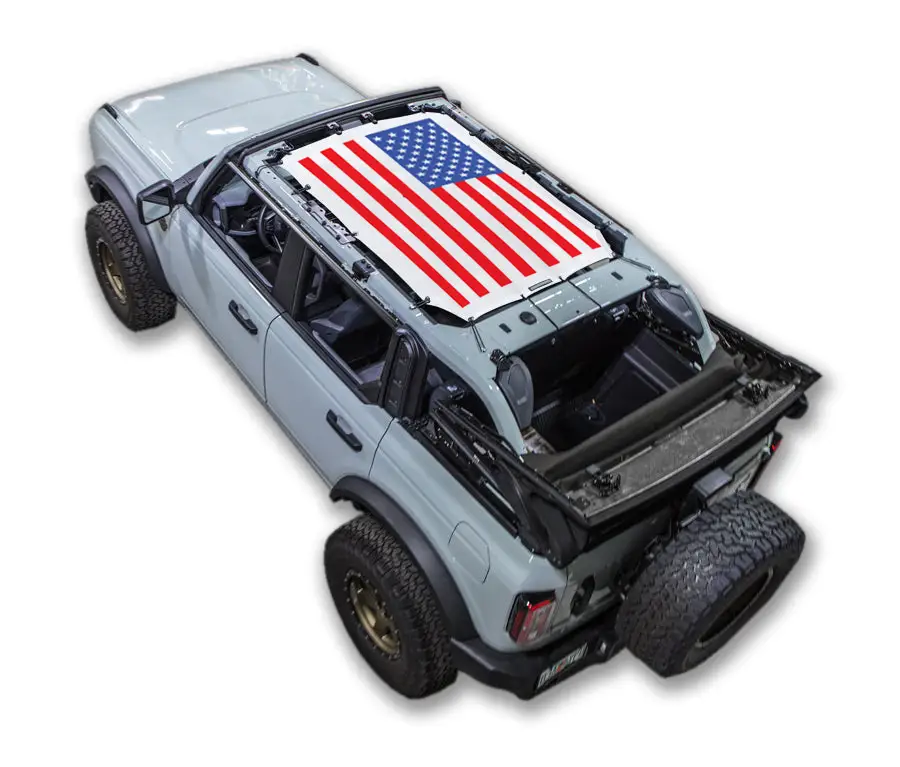 Sun shade SpiderWebShade, Ford Bronco stock printed top with American flag design on roof