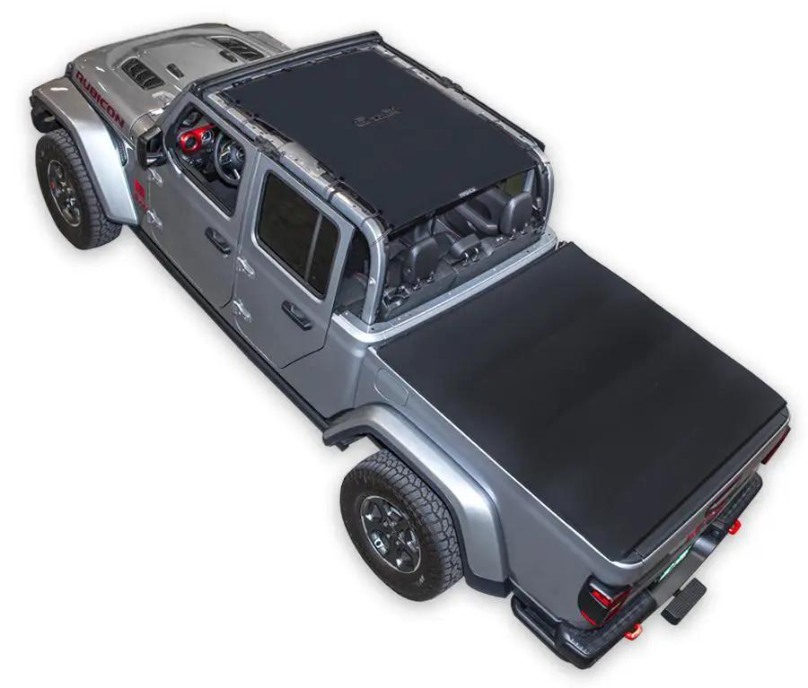 Sun shade top for Jeep Gladiator JT (2019–2026) by SpiderWebShade, solid black shade over bed area.