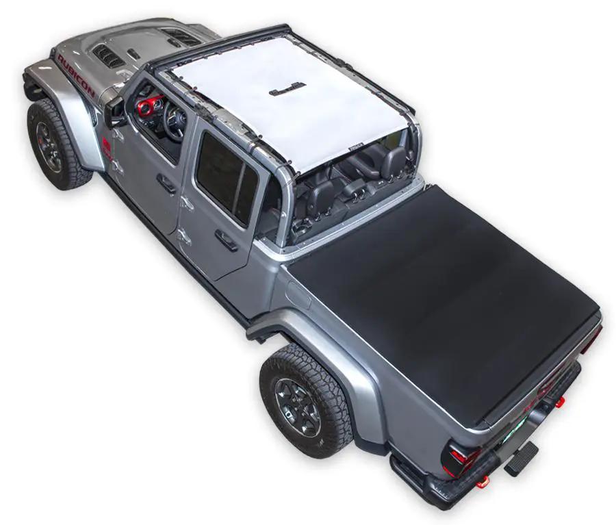 Sun shade SpiderWebShade for Jeep Gladiator JT (2019–2026); solid black shade top over the truck bed