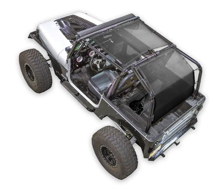 Sun Shade by SpiderWebShade for Jeep Wrangler YJ (1987–1996), black mesh top