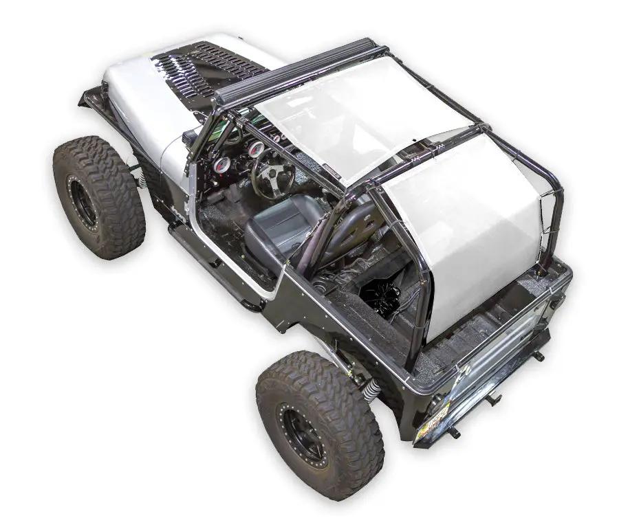 Sun shade top for Jeep Wrangler YJ 1987–1996 by SpiderWebShade; solid color shade attached to roll cage