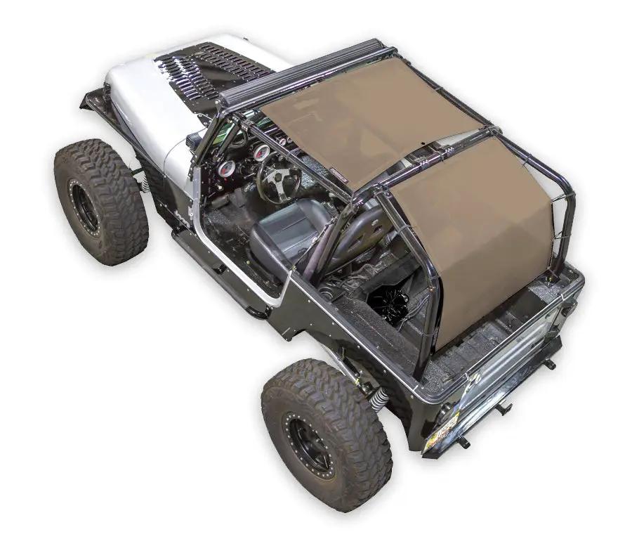 SpiderWebShade sun shade for Jeep Wrangler YJ (1987–1996), tan solid color, two-panel top