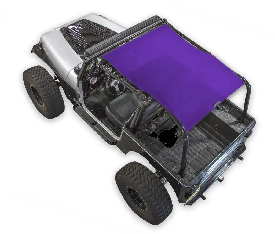 Sun Shade by SpiderWebShade for Jeep Wrangler YJ; solid purple shade top on roll bar