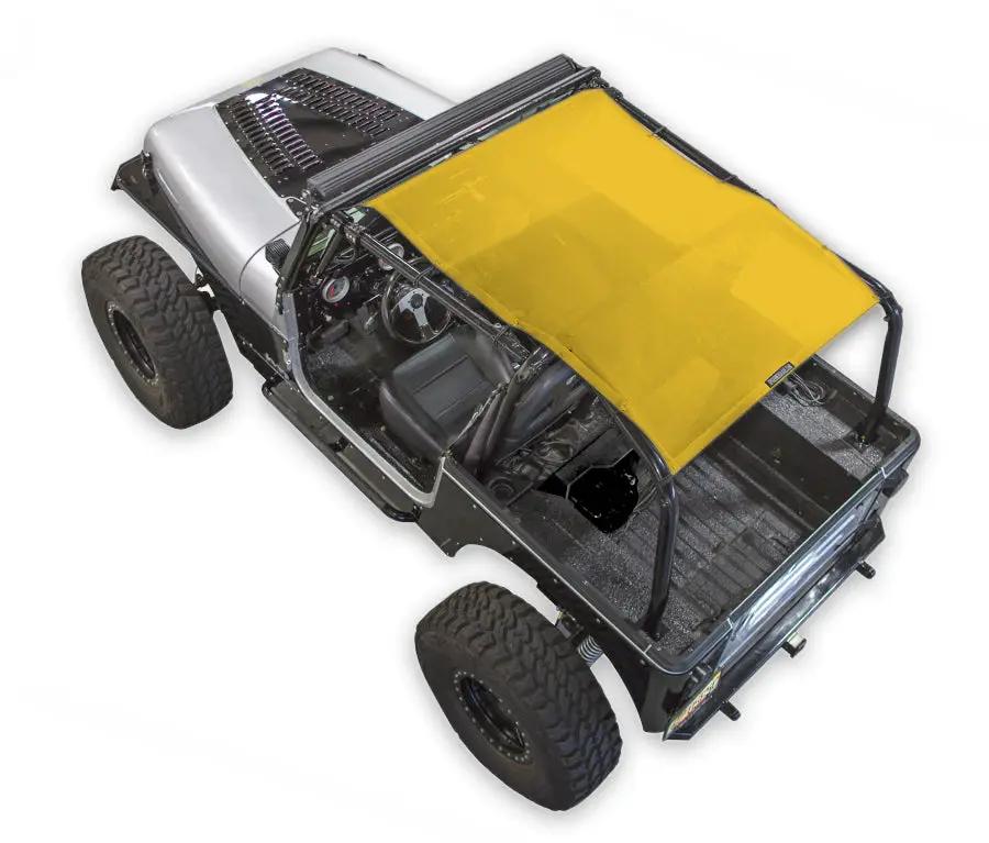 SPIDERWEBSHADE Sun Shade for Jeep Wrangler YJ (1987–1996); solid yellow shade top over black Jeep with roll cage.