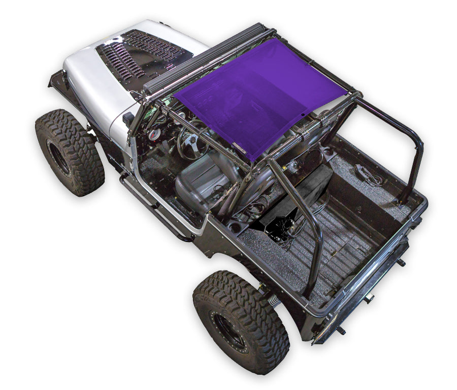 Sun Shade for Jeep Wrangler YJ (1987–1996) by SPIDERWEBSHADE, solid purple shade.