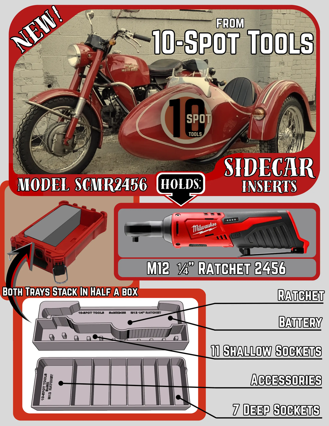 Packout SideCar Insert for M12 1/4 Ratchet 2456, 10-Spot Tools red tool box insert