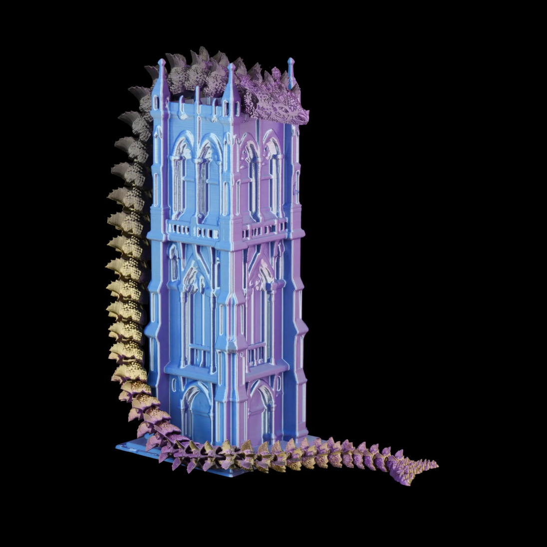 Numakers Dual/Tri-Color Silk PLA 3D-printed castle model in blue to purple gradient