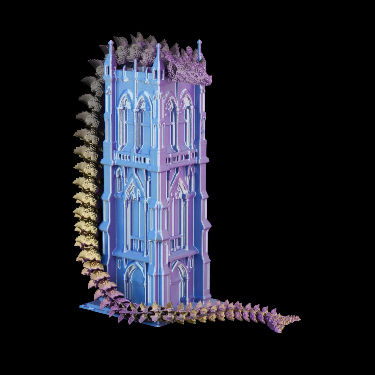 Numakers Dual/Tri-Color Silk PLA 3D-printed castle model in blue to purple gradient