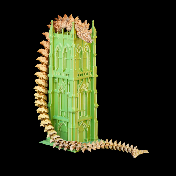 Numakers Dual/Tri-Color Silk PLA 3D print: green castle tower with beige dinosaur on top