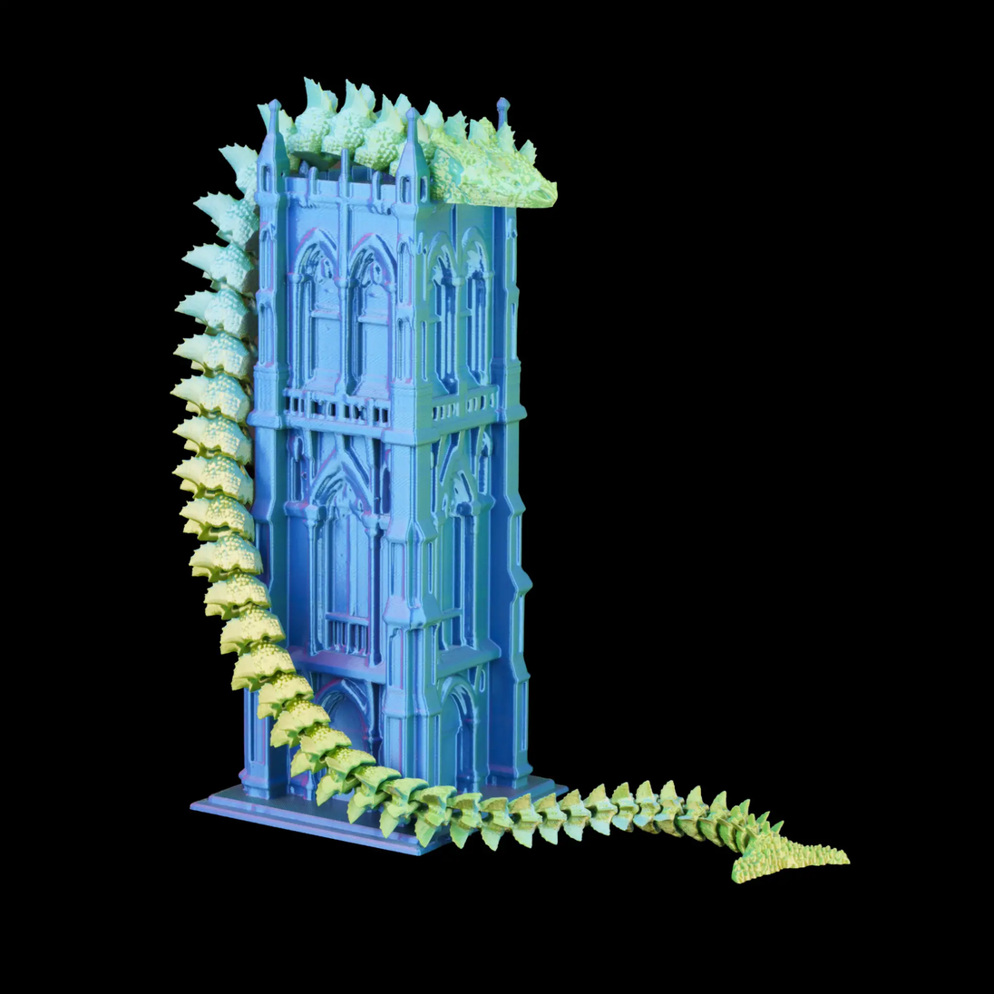 Dual/Tri-Color Silk PLA filament by Numakers; blue-green dragon castle model on Gothic tower.