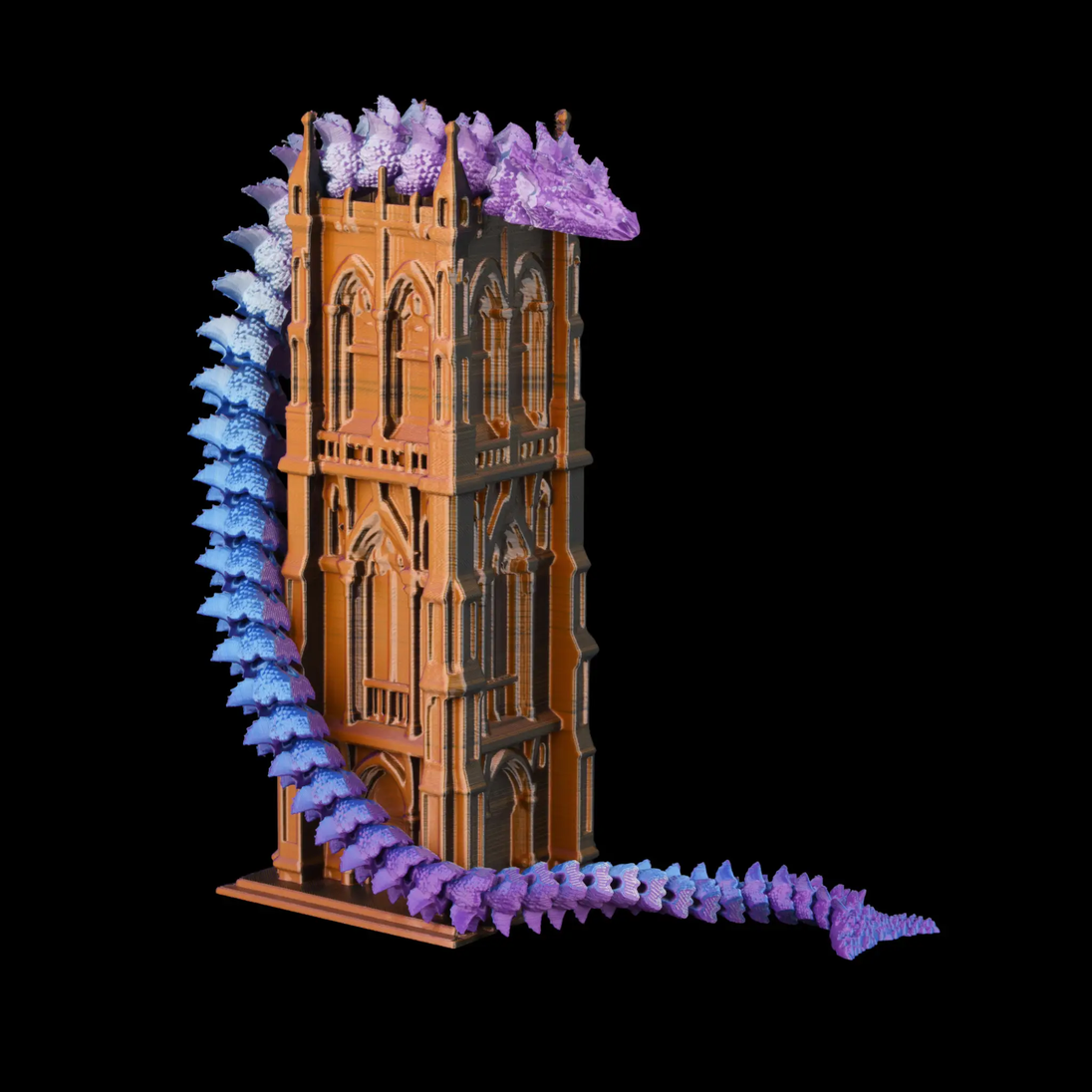 Dual/Tri-Color Silk PLA model by Numakers: orange Gothic tower with blue-purple spirals