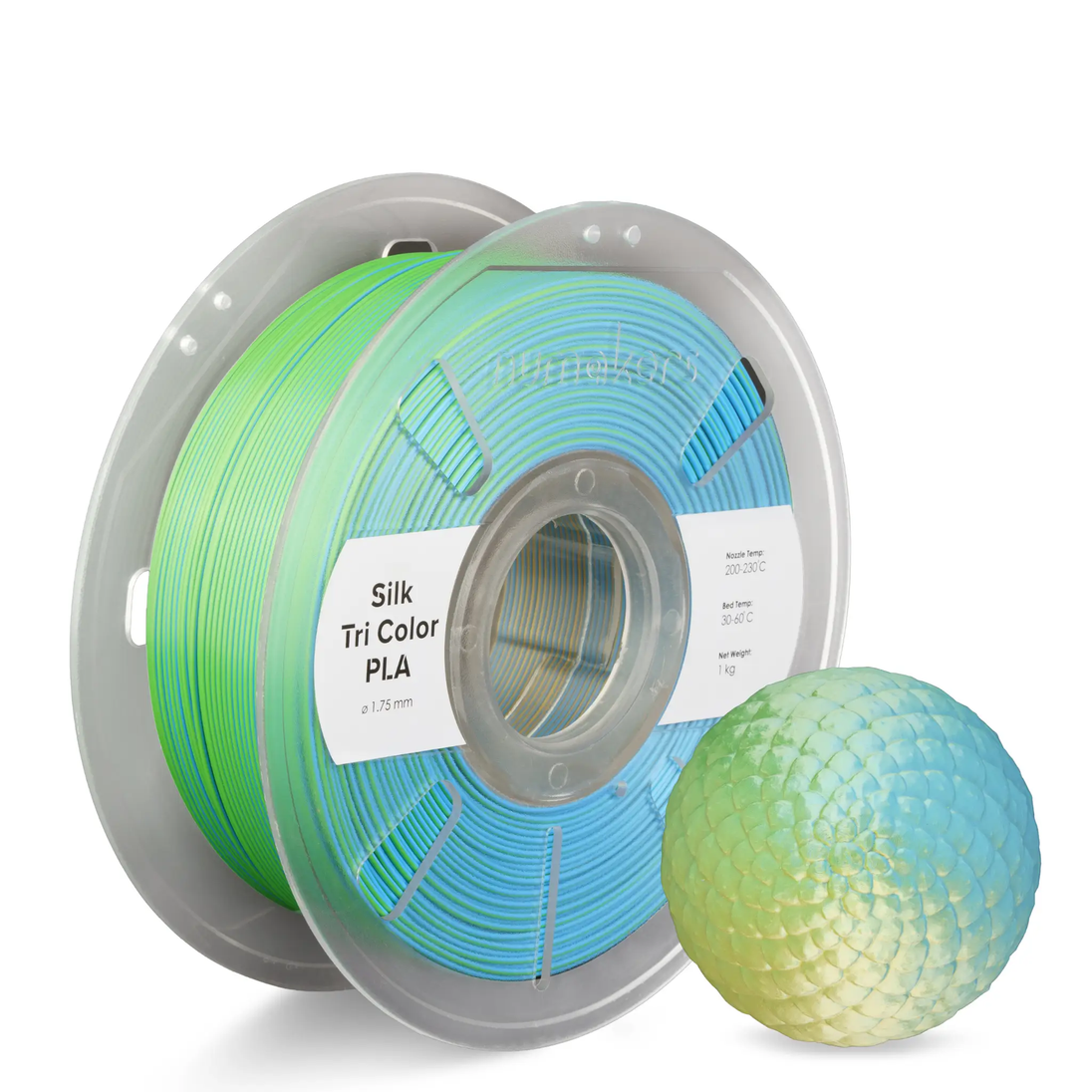 Numakers Dual/Tri-Color Silk PLA filament spool, 1.75 mm, green-blue gradient