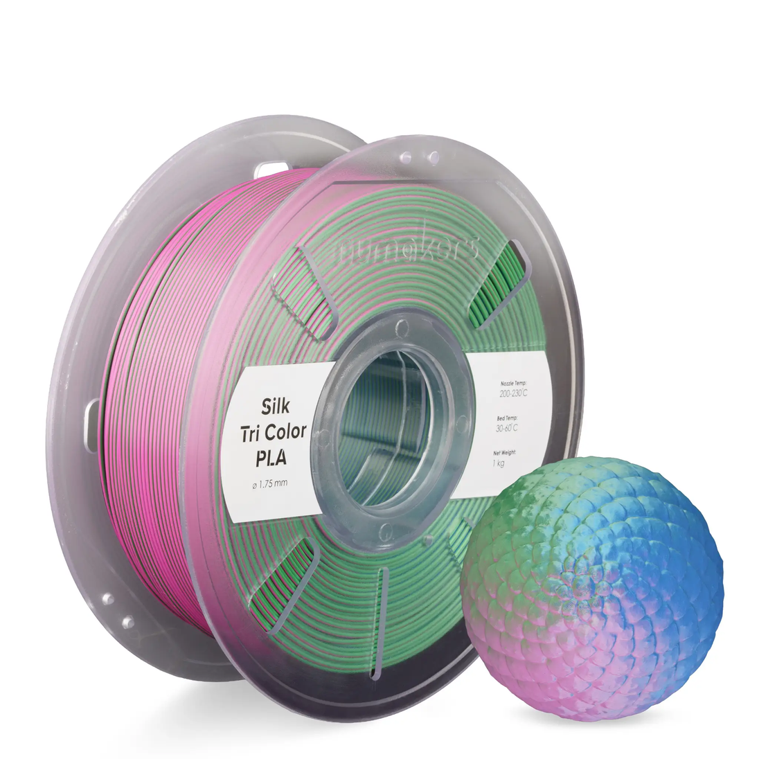Dual/Tri-Color Silk PLA filament spool by Numakers, 1.75 mm, pink-green-purple gradient; blue-pink knitted ball