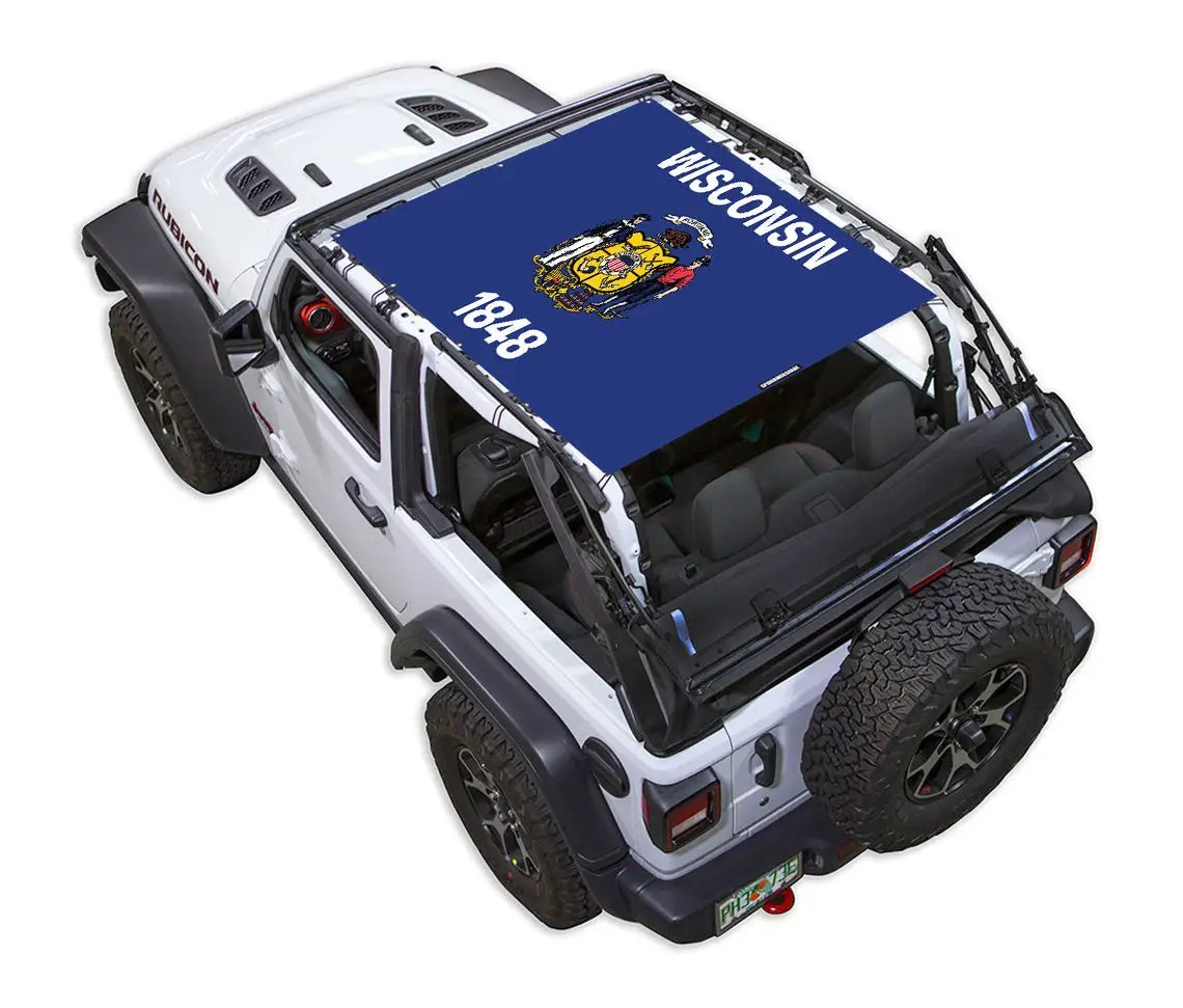 Sun Shade for Jeep Wrangler JL 2-Door by SpiderWebShade; blue Wisconsin flag print.