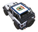 Sun Shade for Jeep Wrangler JL 2-Door; navy border with West Virginia state seal print by SpiderWebShade