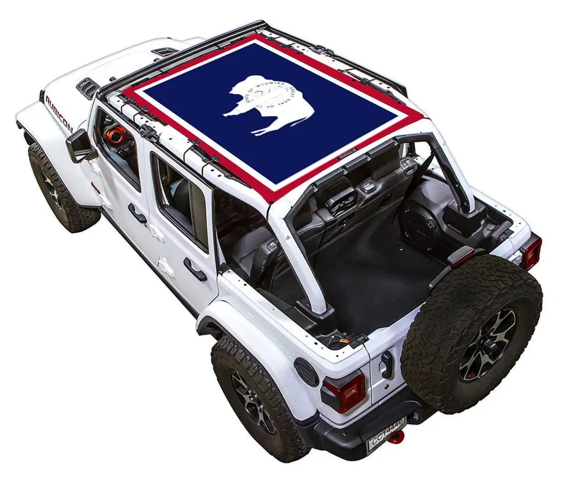 Sun shade top for Jeep Wrangler JLU 4-Door by SpiderWebShade, printed blue with red border and white buffalo silhouette.