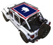 Sun shade top for Jeep Wrangler JLU 4-Door by SpiderWebShade, printed blue with red border and white buffalo silhouette.