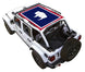 Sun shade top for Jeep Wrangler JLU 4-Door by SpiderWebShade, printed blue with red border and white buffalo silhouette.