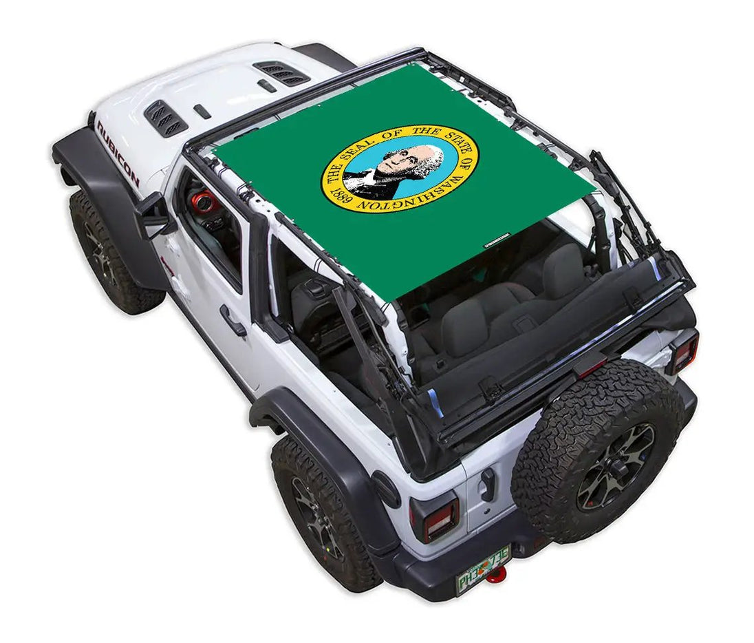 SpiderWebShade Sun Shade for Jeep Wrangler JL 2-Door, green shade with printed state seal design