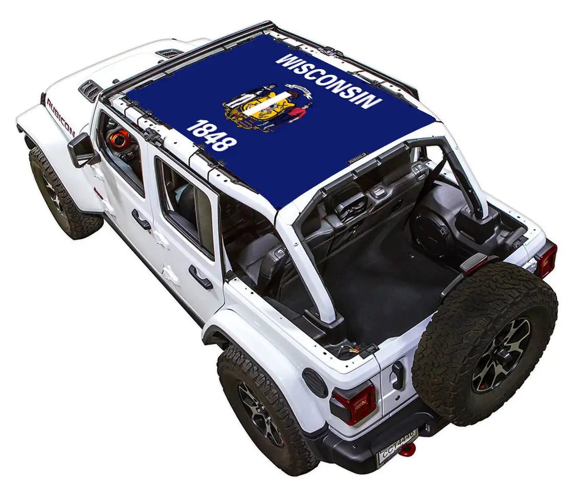 Sun shade for Jeep Wrangler JLU 4-Door by SpiderWebShade; blue Wisconsin flag print on roof
