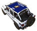 Sun shade for Jeep Wrangler JLU 4-Door by SpiderWebShade; blue Wisconsin flag print on roof