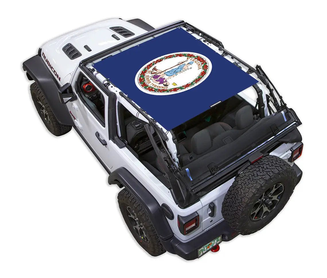 Sun shade top for Jeep Wrangler JL 2-Door by SPIDERWEBSHADE; blue shade featuring Virginia state seal print