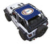 Sun shade top for Jeep Wrangler JL 2-Door by SPIDERWEBSHADE; blue shade featuring Virginia state seal print
