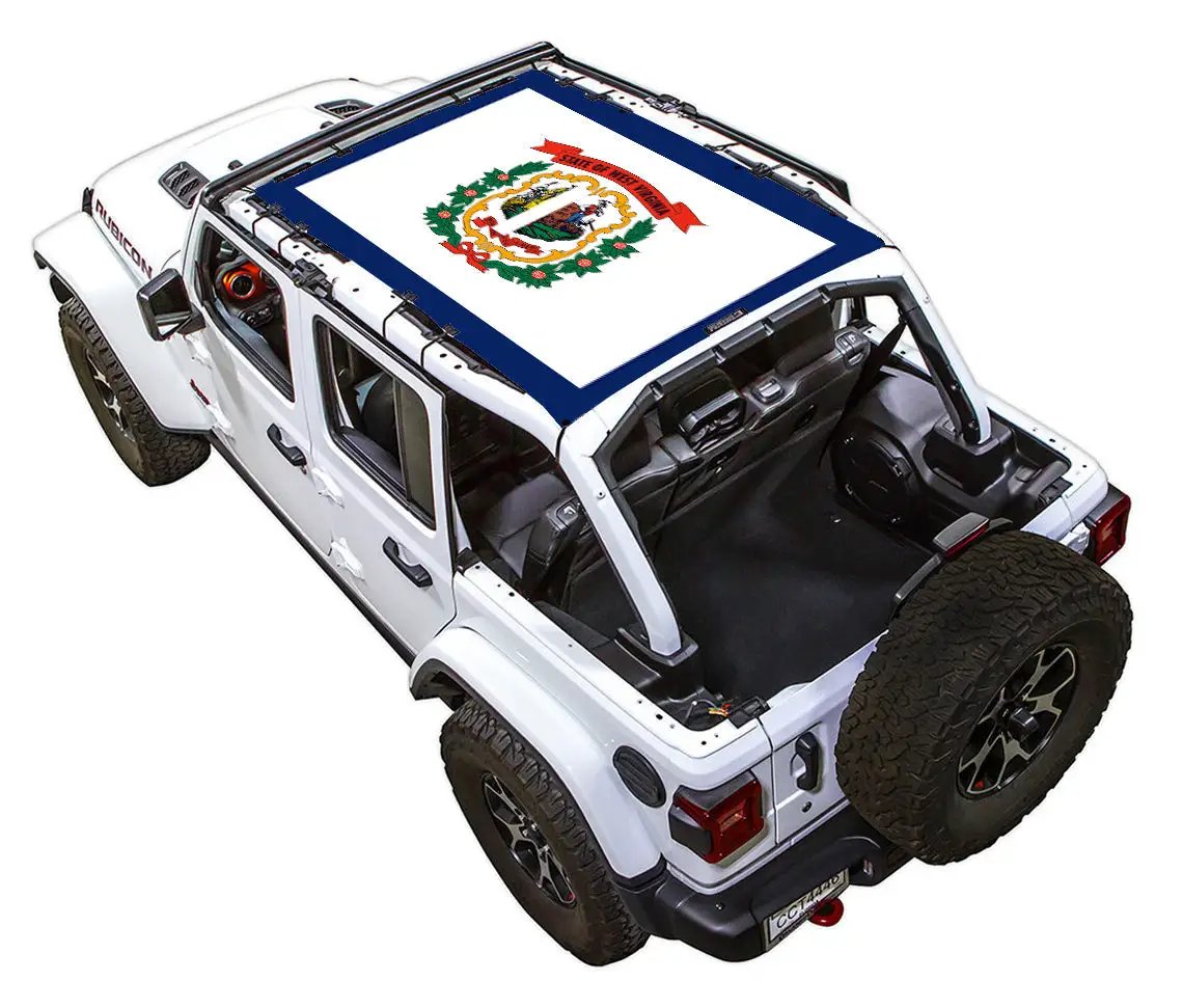 SpiderWebShade sun shade top for Jeep Wrangler JLU 4-Door; white stock print with Florida state seal on roof