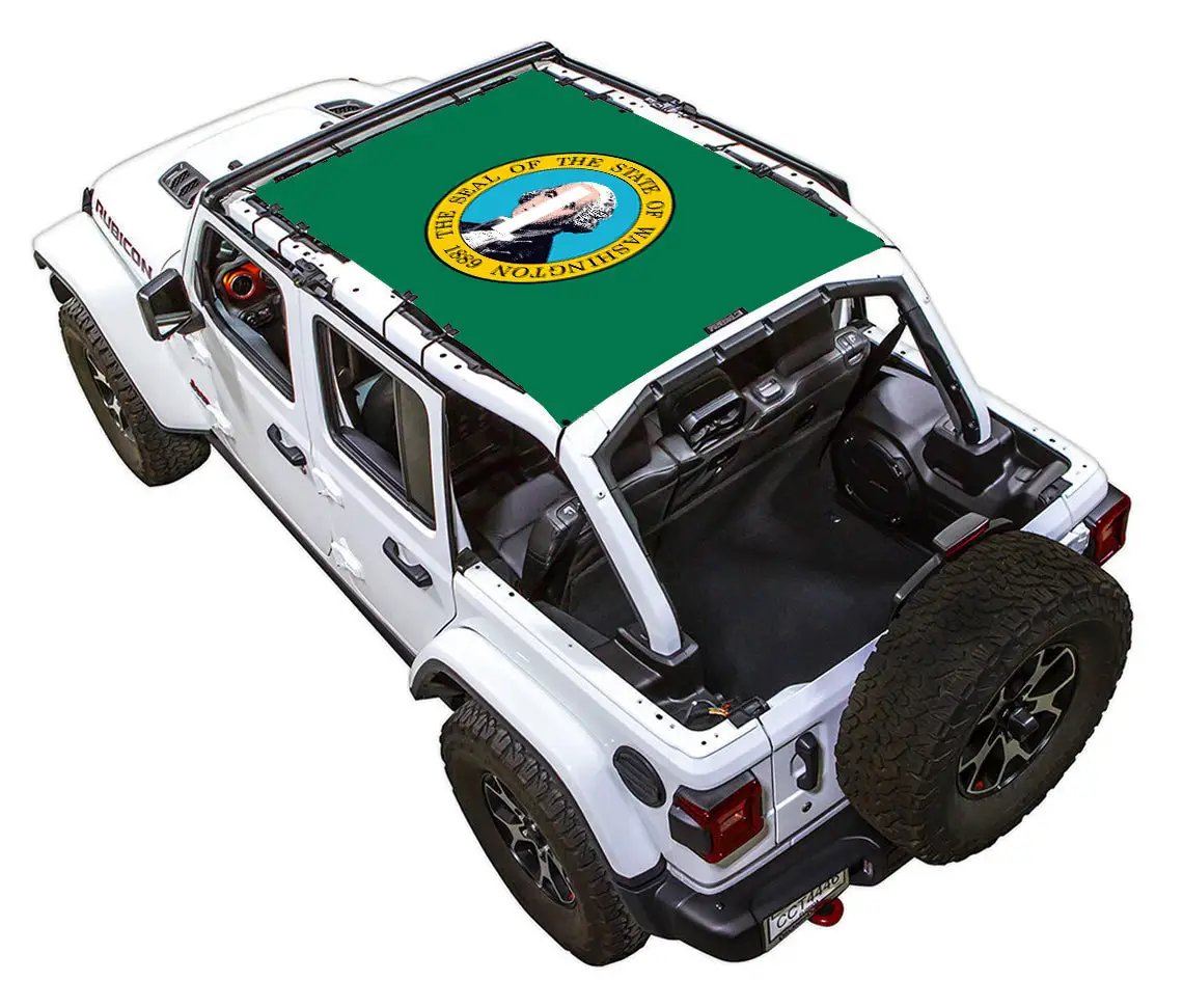 Sun shade for Jeep Wrangler JLU 4-Door by SPIDERWEBSHADE, green printed top with emblem.