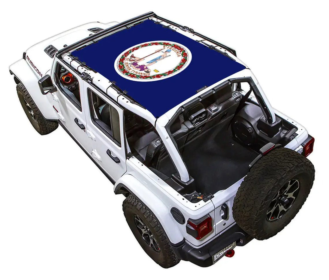 Sun shade top for Jeep Wrangler JLU 4-Door, printed blue shade featuring Virginia state seal by SPIDERWEBSHADE