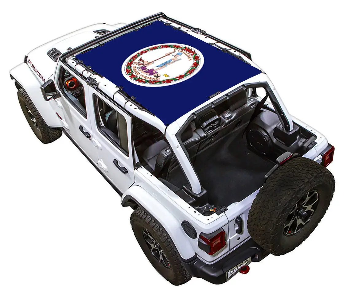 Sun shade top for Jeep Wrangler JLU 4-Door, printed blue shade featuring Virginia state seal by SPIDERWEBSHADE