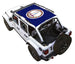 Sun shade top for Jeep Wrangler JLU 4-Door, printed blue shade featuring Virginia state seal by SPIDERWEBSHADE