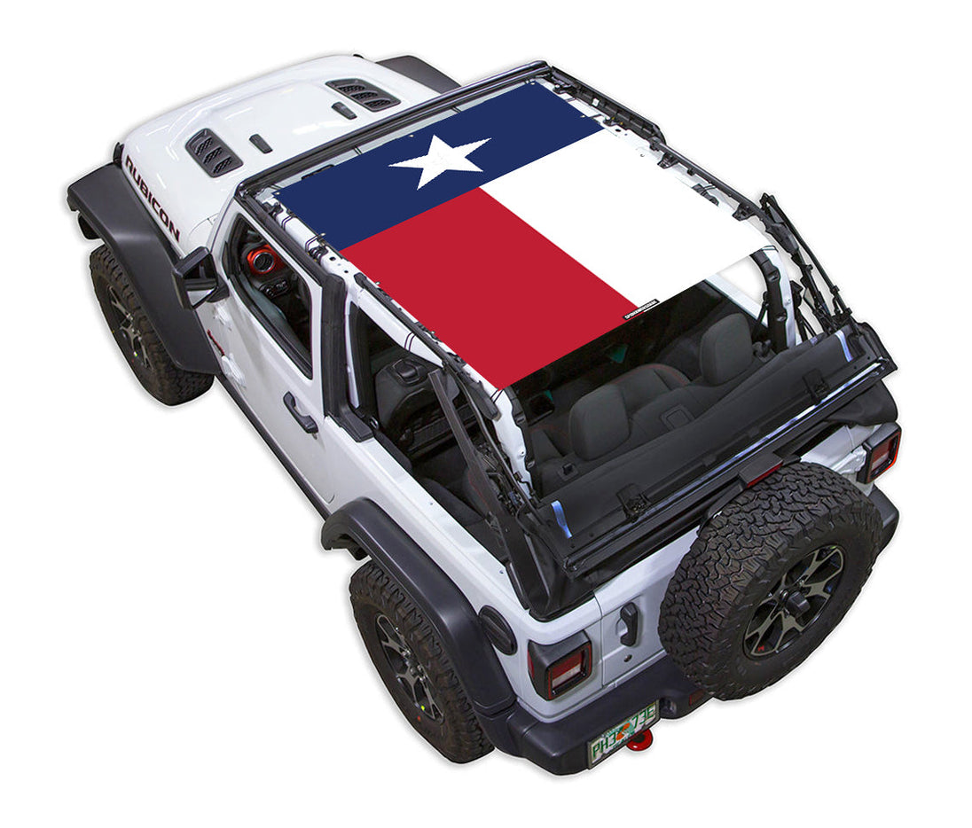 Sun shade SPIDERWEBSHADE for Jeep Wrangler JL 2-Door; stock printed shade top with blue-white-red flag design