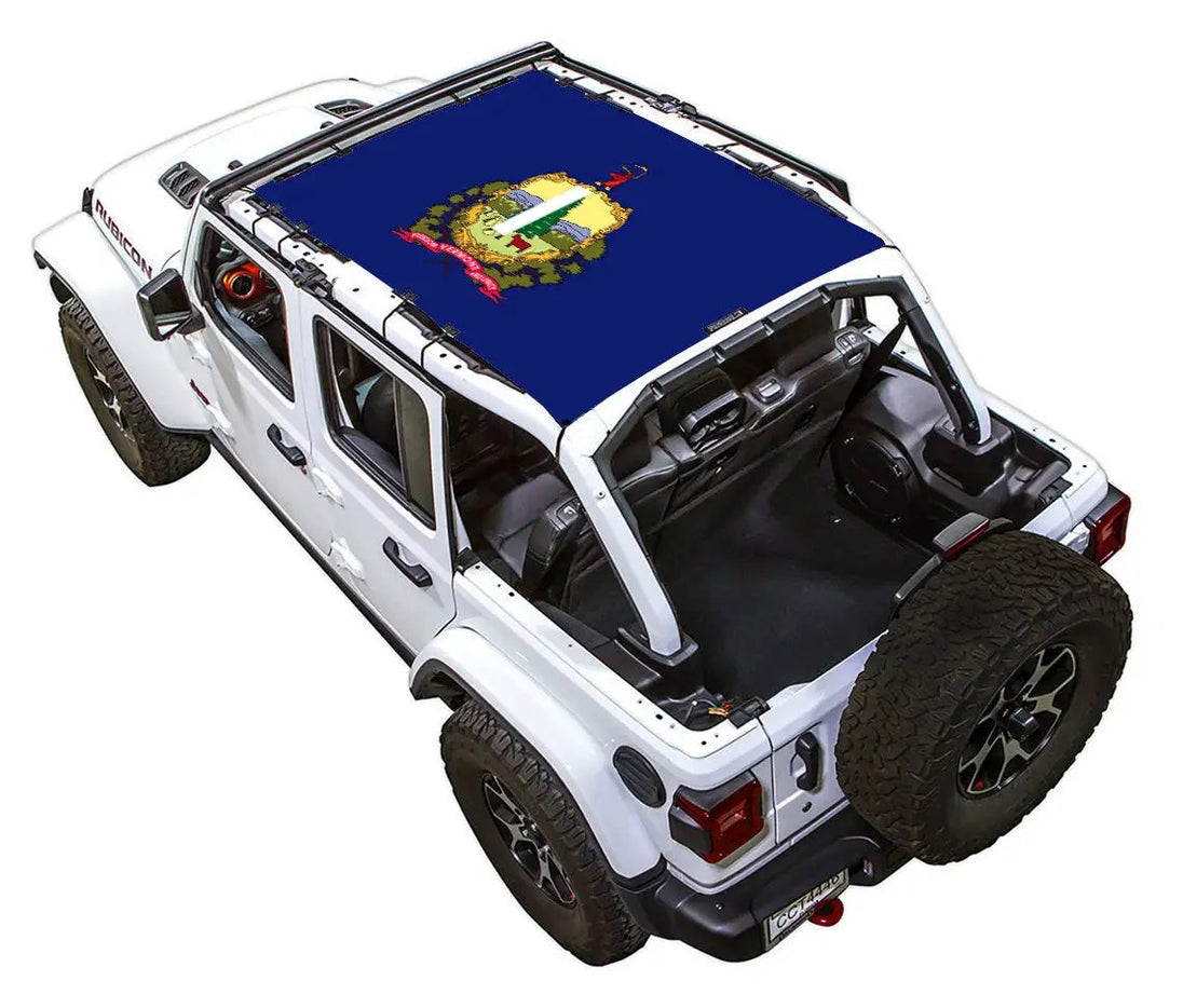 Sun Shade for Jeep Wrangler JLU 4-Door by SpiderWebShade, blue stock-printed shade top