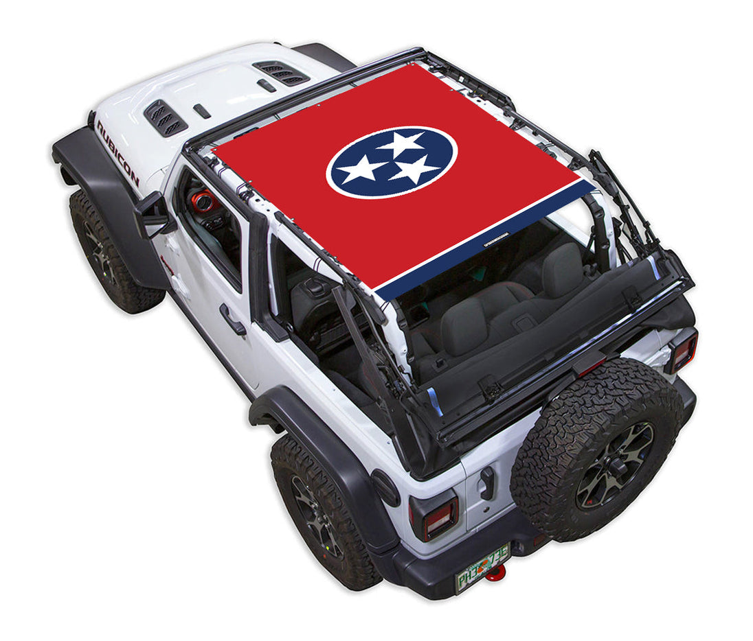 SpiderWebShade Sun Shade for Jeep Wrangler JL 2-Door Stock Printed Top with Tennessee flag print