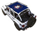 Sun shade for Jeep Wrangler JLU 4-Door by SPIDERWEBSHADE; blue roof shade with state-seal print.