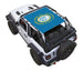 Sun shade for Jeep Wrangler JL 2-Door by SPIDERWEBSHADE; blue printed shade top with South Dakota state flag design