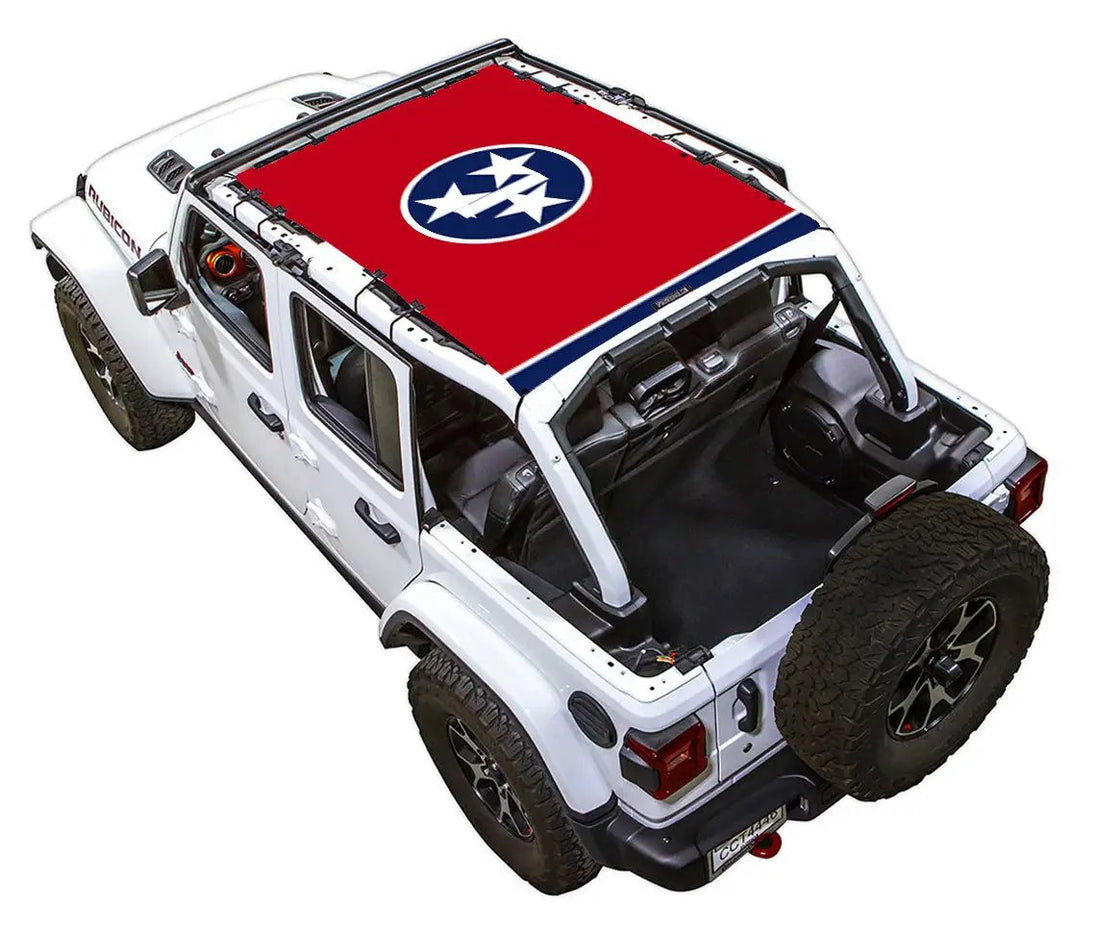 Sun shade for Jeep Wrangler JLU 4-Door by SpiderWebShade, red stock printed top.