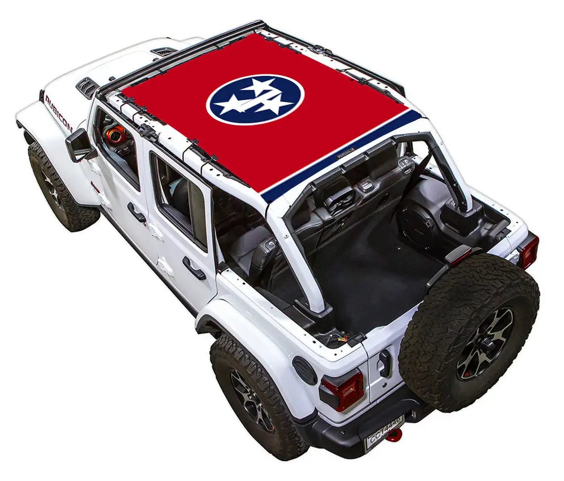 Sun shade for Jeep Wrangler JLU 4-Door by SpiderWebShade, red stock printed top.