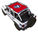 Sun shade for Jeep Wrangler JLU 4-Door by SpiderWebShade, red stock printed top.