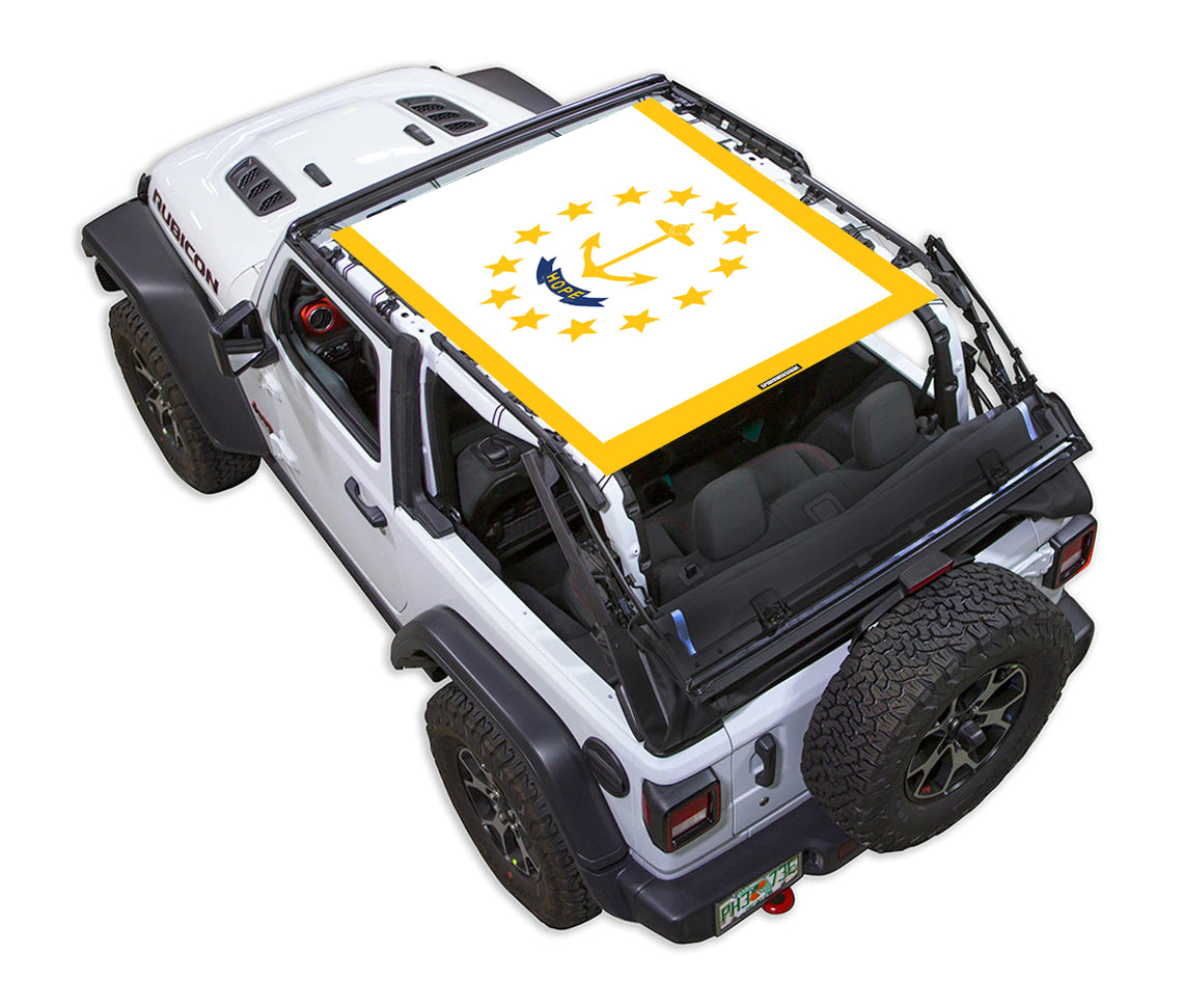 SpiderWebShade sun shade for Jeep Wrangler JL 2-Door; yellow-bordered printed top with anchor emblem and stars