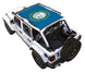 SpiderWebShade sun shade for Jeep Wrangler JLU 4-Door, blue stock-printed roof shade with Rushmore state seal.