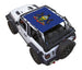 Sun shade for Jeep Wrangler JL 2-Door by SpiderWebShade, blue printed shade top.