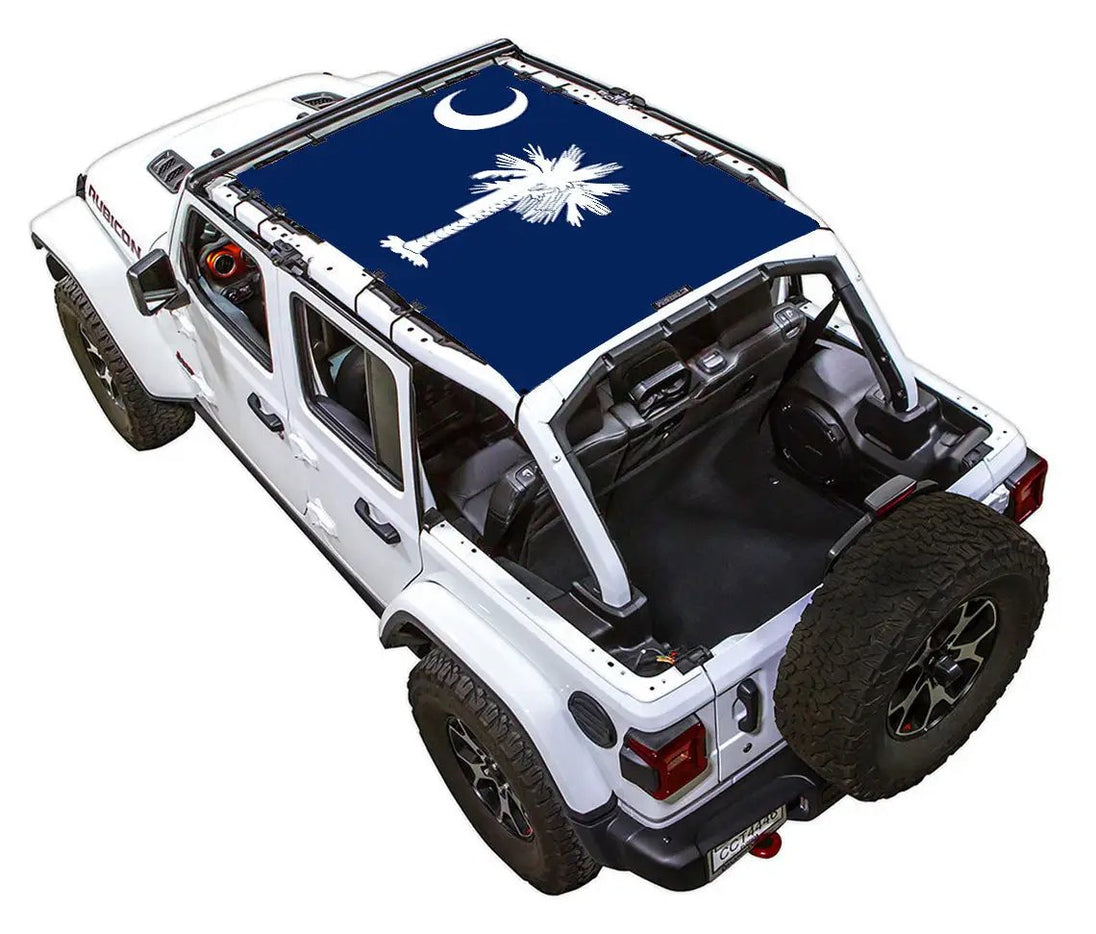 SpiderWebShade sun shade for Jeep Wrangler JLU 4-Door, blue South Carolina flag print.